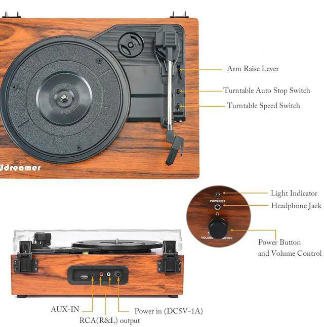 Alt view image 6 of 7 - Vinyl Record Player Wireless Turntable with Built-in Speakers and USB Belt-Driven Vintage Phonograph Record Player 3 Speed for Entertainment and Home Decoration