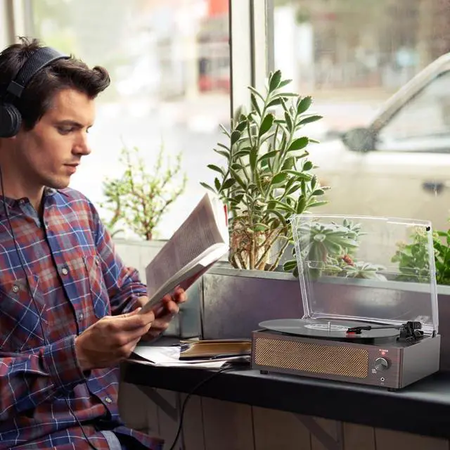 Alt view image 7 of 7 - Vinyl Record Players Turntable with Built-in Two Speakers Belt-Driven All-in-one Retro Turn tables 3 Speed 3 Size LP Phonograph BT Wireless Bluetooth Receiver Headphone AUX-in RCA Vintage Red