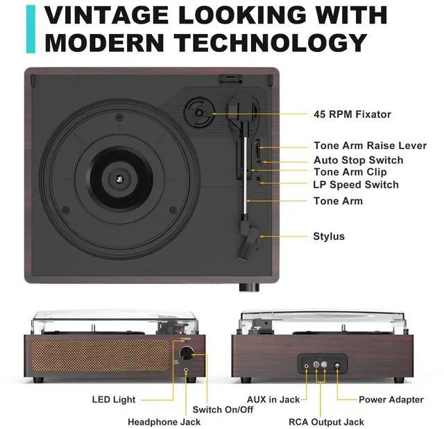 Alt view image 2 of 7 - Vinyl Record Players Turntable with Built-in Two Speakers Belt-Driven All-in-one Retro Turn tables 3 Speed 3 Size LP Phonograph BT Wireless Bluetooth Receiver Headphone AUX-in RCA Vintage Red