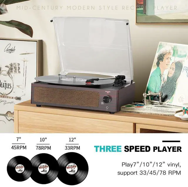 Alt view image 3 of 7 - Vinyl Record Players Turntable with Built-in Two Speakers Belt-Driven All-in-one Retro Turn tables 3 Speed 3 Size LP Phonograph BT Wireless Bluetooth Receiver Headphone AUX-in RCA Vintage Red