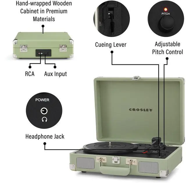 Alt view image 3 of 6 - CR8005F-MT Cruiser Plus Vintage 3-Speed Bluetooth in/Out Suitcase Vinyl Record Player Turntable, Mint