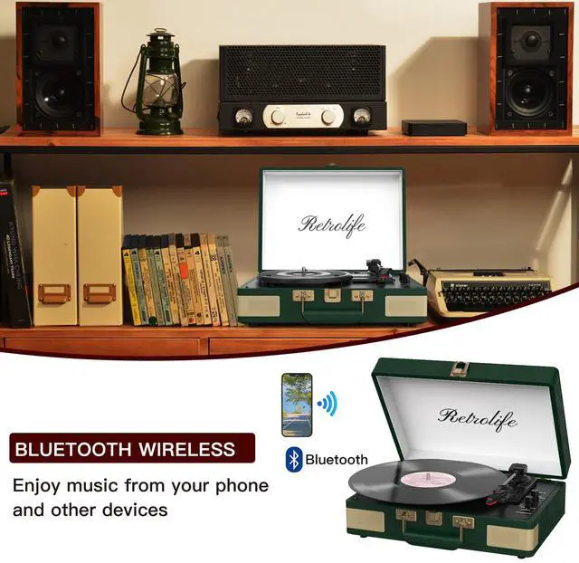 Alt view image 2 of 7 - Record Player 3 Speed Bluetooth Portable Suitcase Vinyl Player with Built-in Speakers Turntable Enhanced Audio Sound PU Leather Vintage