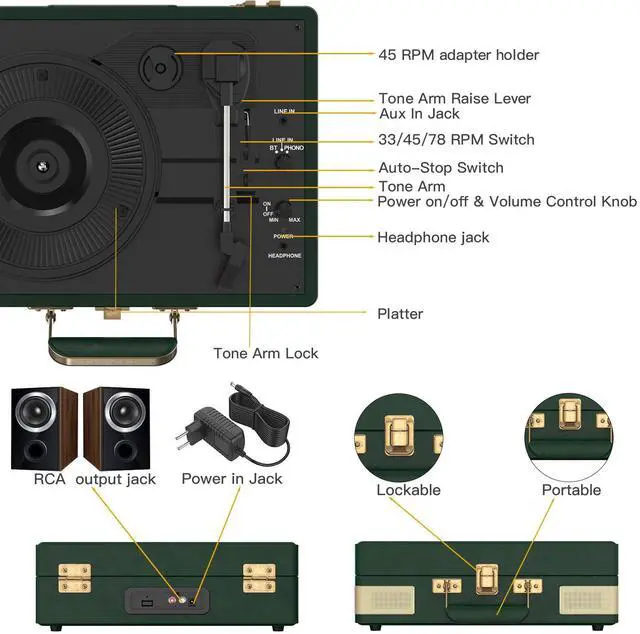 Alt view image 4 of 7 - Record Player 3 Speed Bluetooth Portable Suitcase Vinyl Player with Built-in Speakers Turntable Enhanced Audio Sound PU Leather Vintage