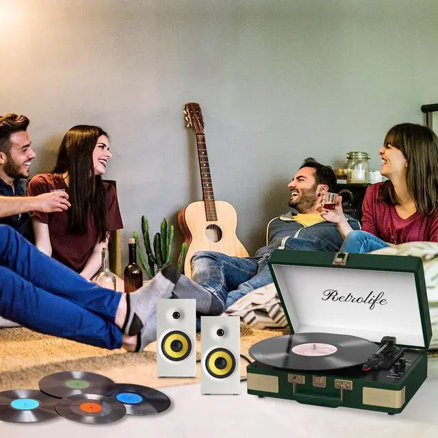 Alt view image 6 of 7 - Record Player 3 Speed Bluetooth Portable Suitcase Vinyl Player with Built-in Speakers Turntable Enhanced Audio Sound PU Leather Vintage