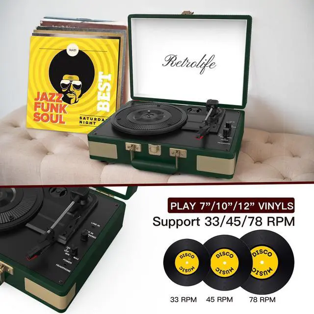 Alt view image 3 of 7 - Record Player 3 Speed Bluetooth Portable Suitcase Vinyl Player with Built-in Speakers Turntable Enhanced Audio Sound PU Leather Vintage