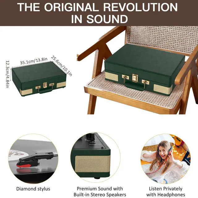 Alt view image 5 of 7 - Record Player 3 Speed Bluetooth Portable Suitcase Vinyl Player with Built-in Speakers Turntable Enhanced Audio Sound PU Leather Vintage