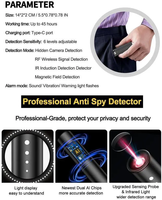 Alt view image 2 of 7 - Hidden Camera Detectors, Spy Camera Finder, Hidden GPS Tracking Device Listening Recording Device Detector, Hidden Bug Sweeper and Camera Detector for Travel Hotel Car (Medium)