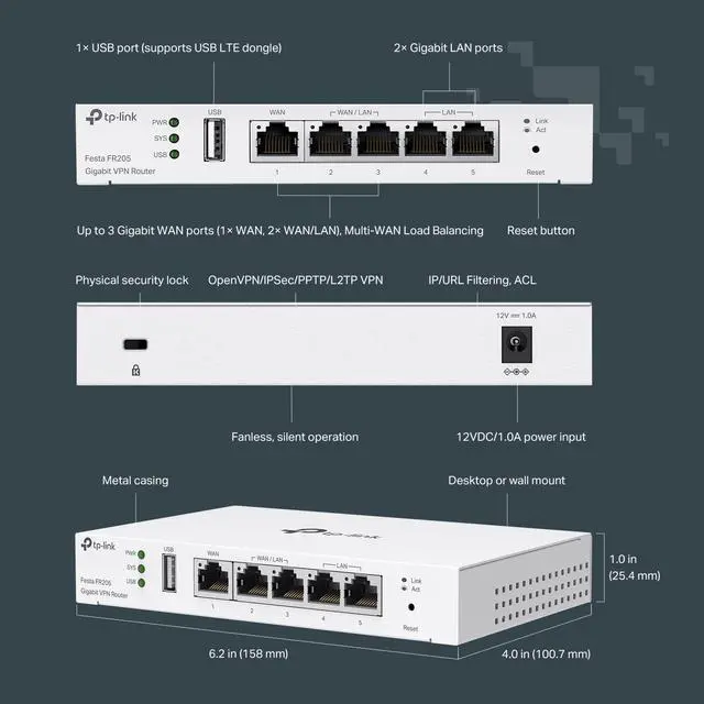 Alt view image 3 of 3 - Festa FR205, Multi-WAN Wired Router, Up to 3 Gigabit WAN Ports & One USB WAN, Self-Organizing Network, Free Cloud, Load Balance, OpenVPN/IPSec/PPTP/L2TP VPN, Does not Work with Omada
