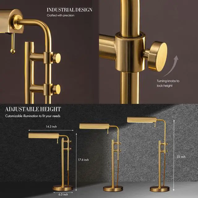 Alt view image 3 of 7 - Aurora LED Pharmacy Desk Lamp - Swing Arm, Industrial Design for Reading, Crafting, Work,10W LED, Adjustable Height 18.5-24.5 inches - Ideal for Living Room, Bedside, Office, Antique Brass