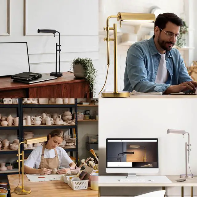 Alt view image 6 of 7 - Aurora LED Pharmacy Desk Lamp - Swing Arm, Industrial Design for Reading, Crafting, Work,10W LED, Adjustable Height 18.5-24.5 inches - Ideal for Living Room, Bedside, Office, Antique Brass
