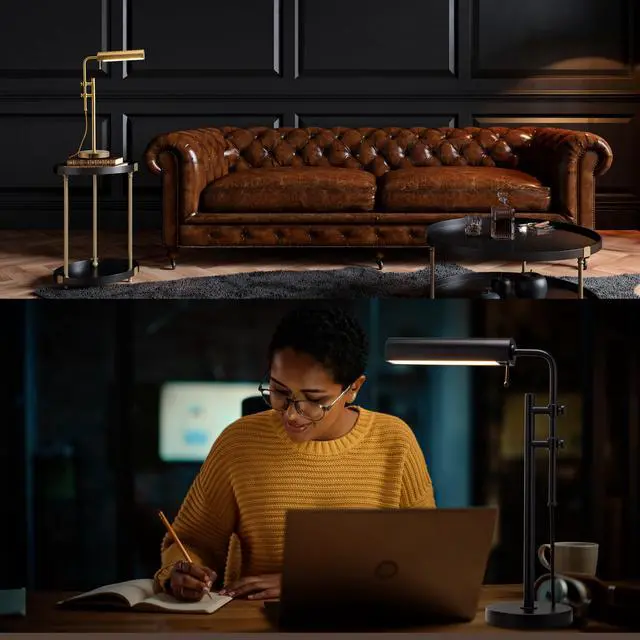 Alt view image 7 of 7 - Aurora LED Pharmacy Desk Lamp - Swing Arm, Industrial Design for Reading, Crafting, Work,10W LED, Adjustable Height 18.5-24.5 inches - Ideal for Living Room, Bedside, Office, Antique Brass