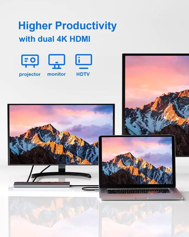 Alt view image 3 of 7 - USB C Docking Station Dual Monitor with Power Adapter: 12-in-1 Thunderbolt 3 | 4 Dock, Dual 4K HDMI, 4 USB, Audio, Ethernet, SD/TF Slot, 18W PD Out, for Mac, HP, Dell, Lenovo, Surface, Asus, Acer