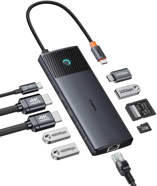 Main image of Baseus Docking Station Dual Monitor,10Gbps 10 in 1 Docking Station with 2 HDMI Single 4K@120Hz, Dual 4K@ 60Hz,10Gbps USB C and USB A, Gigabit Ethernet, PD 100W, SD/TF for iPhone 15/Mac/Dell/HP/Lenovo