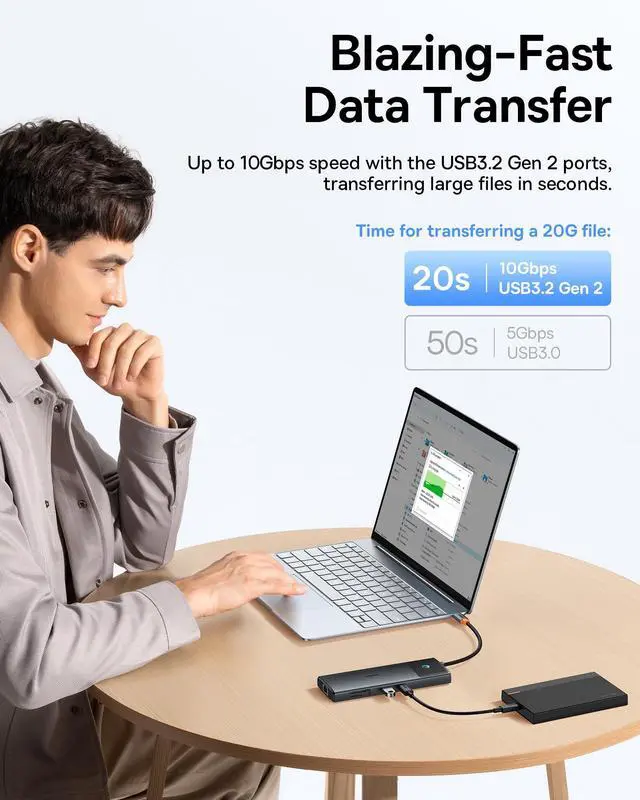 Alt view image 5 of 7 - Baseus Docking Station Dual Monitor,10Gbps 10 in 1 Docking Station with 2 HDMI Single 4K@120Hz, Dual 4K@ 60Hz,10Gbps USB C and USB A, Gigabit Ethernet, PD 100W, SD/TF for iPhone 15/Mac/Dell/HP/Lenovo