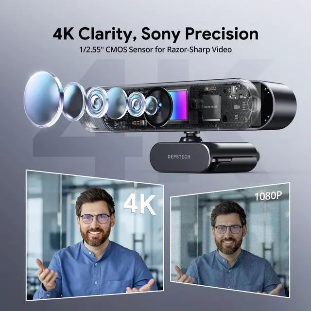 Alt view image 2 of 7 - 4K Webcam for PC, UHD Webcam with Remote and Zoom, Sony Sensor, Dual Noise-Cancelling Mics, Autofocus, Privacy Cover, Computer Camera for Desktop/Laptop, Works with Zoom/Teams/OBS/Google