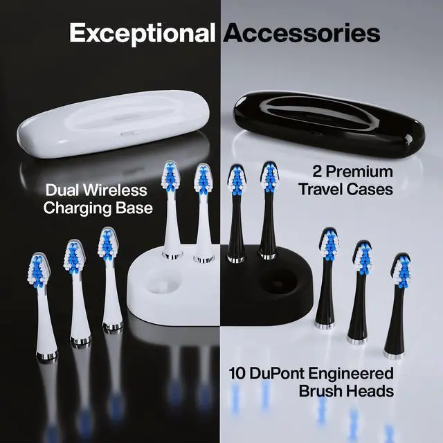 Alt view image 5 of 5 - Duo - Dual Handle Ultra Whitening 40,000 VPM Wireless Charging Electric ToothBrushes - 3 Modes with Smart Timers - 10 Dupont Brush Heads & 2 Travel Cases Included