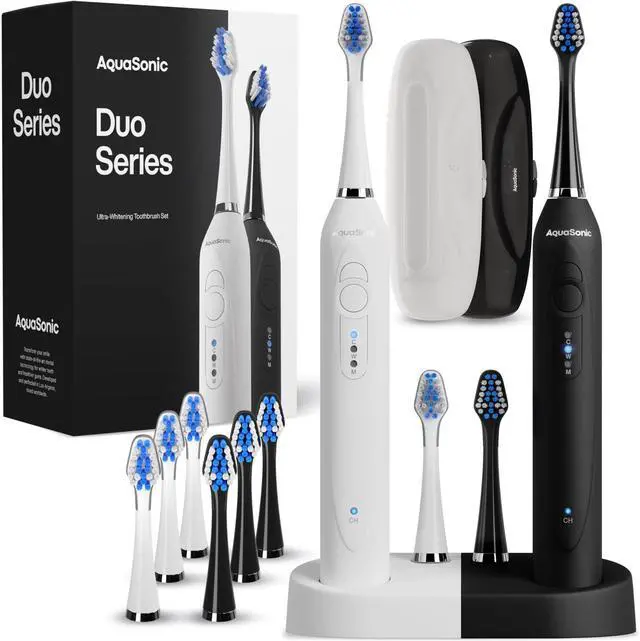 Main image of Duo - Dual Handle Ultra Whitening 40,000 VPM Wireless Charging Electric ToothBrushes - 3 Modes with Smart Timers - 10 Dupont Brush Heads & 2 Travel Cases Included