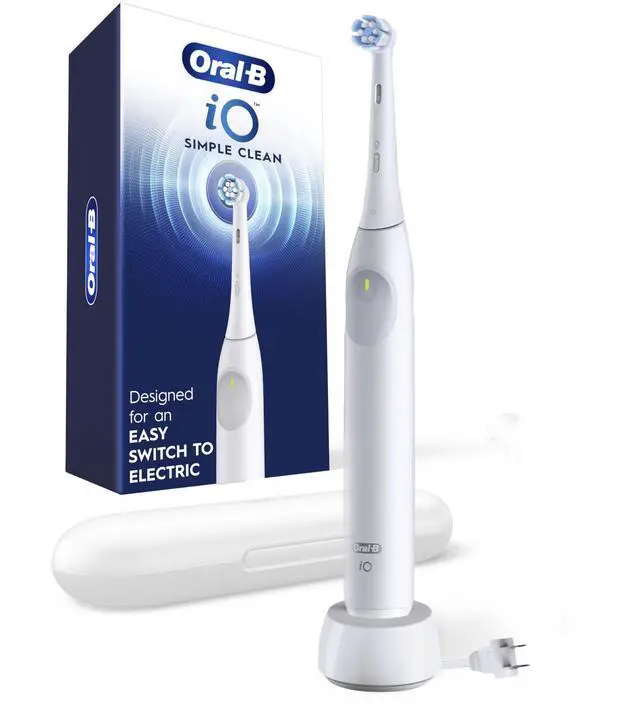 Main image of iO Simple Clean Rechargeable Electric Powered Toothbrush, Pure White with 1 Gentle Care Brush Head and 1 White Travel Case - Automatic Pressure Sensor to Protect Gums - 3 Modes -2 Min Timer