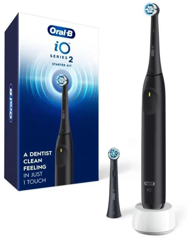 Main image of iO Series 2 Rechargeable Electric Powered Toothbrush Starter Kit, Night Black with 2 Brush Heads - Automatic Pressure Sensor to Protect Gums - 3 Modes - 2 Min Timer