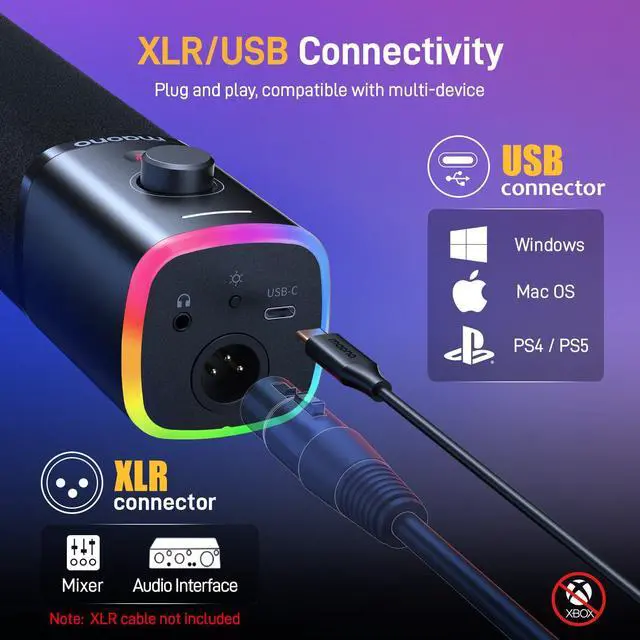 Alt view image 3 of 7 - XLR/USB Gaming Microphone Kit: Dynamic PC Mic for Streaming Podcasting, Software Support, Mute Button, Gain Control, RGB Computer Mic with Boom Arm Stand, for Recording, PS4/PS5, PD100XS Black
