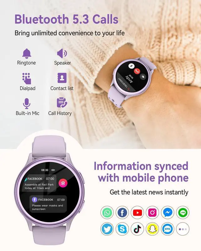 Alt view image 6 of 7 - Smart Watches for Women(Answer/Make Calls), 1.27'' AMOLED Screen Activity Trackers with Heart Rate/Sleep/SpO2 Monitor, Smartwatch for iPhone/Samsung/Android,120+ Sport IP68 Fitness Watch 2Bands Purple