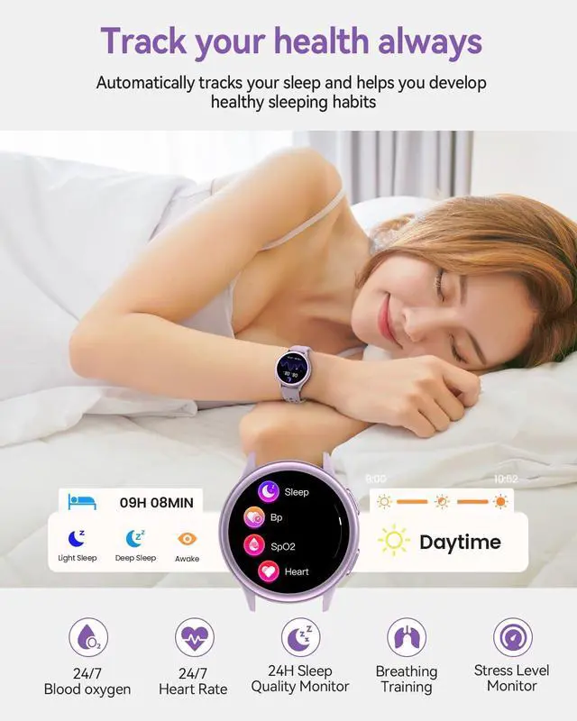 Alt view image 3 of 7 - Smart Watches for Women(Answer/Make Calls), 1.27'' AMOLED Screen Activity Trackers with Heart Rate/Sleep/SpO2 Monitor, Smartwatch for iPhone/Samsung/Android,120+ Sport IP68 Fitness Watch 2Bands Purple