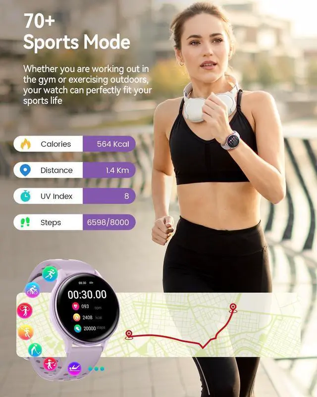 Alt view image 5 of 7 - Smart Watches for Women(Answer/Make Calls), 1.27'' AMOLED Screen Activity Trackers with Heart Rate/Sleep/SpO2 Monitor, Smartwatch for iPhone/Samsung/Android,120+ Sport IP68 Fitness Watch 2Bands Purple