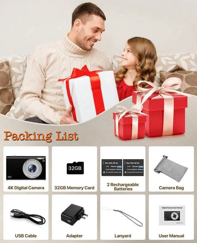 Alt view image 5 of 5 - Digital Camera, 4K Vlogging Camera for YouTube Autofocus Cameras for Photography with 16X Digital Zoom, 48MP Compact Point and Shoot Digital Camera for Teens Adult with 32GB SD Card, 2 Batteries-Black