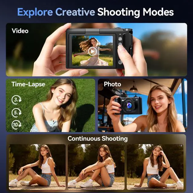 Alt view image 5 of 7 - Digital Camera 4K for Photography Vlogging: 56MP Cameras with Mode Dial for Video - 16X Zoom Photo Camera Gifts for Teens Ages 8-16 - 180°Flip Screen Compact Cámara - Point and Shoot Digital Cameras