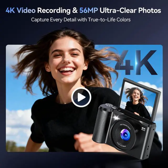 Alt view image 2 of 7 - Digital Camera 4K for Photography Vlogging: 56MP Cameras with Mode Dial for Video - 16X Zoom Photo Camera Gifts for Teens Ages 8-16 - 180°Flip Screen Compact Cámara - Point and Shoot Digital Cameras