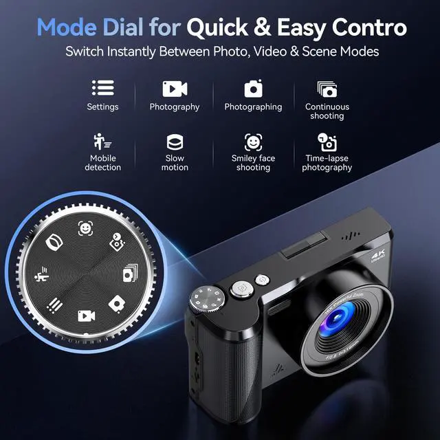 Alt view image 3 of 7 - Digital Camera 4K for Photography Vlogging: 56MP Cameras with Mode Dial for Video - 16X Zoom Photo Camera Gifts for Teens Ages 8-16 - 180°Flip Screen Compact Cámara - Point and Shoot Digital Cameras