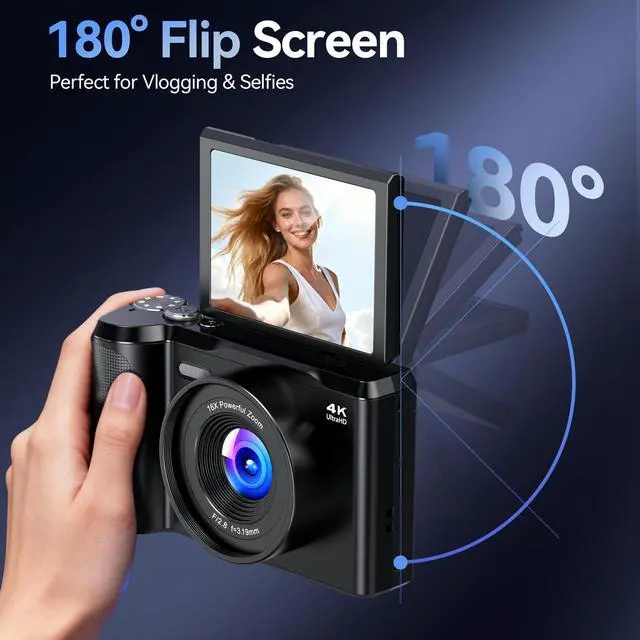 Alt view image 4 of 7 - Digital Camera 4K for Photography Vlogging: 56MP Cameras with Mode Dial for Video - 16X Zoom Photo Camera Gifts for Teens Ages 8-16 - 180°Flip Screen Compact Cámara - Point and Shoot Digital Cameras