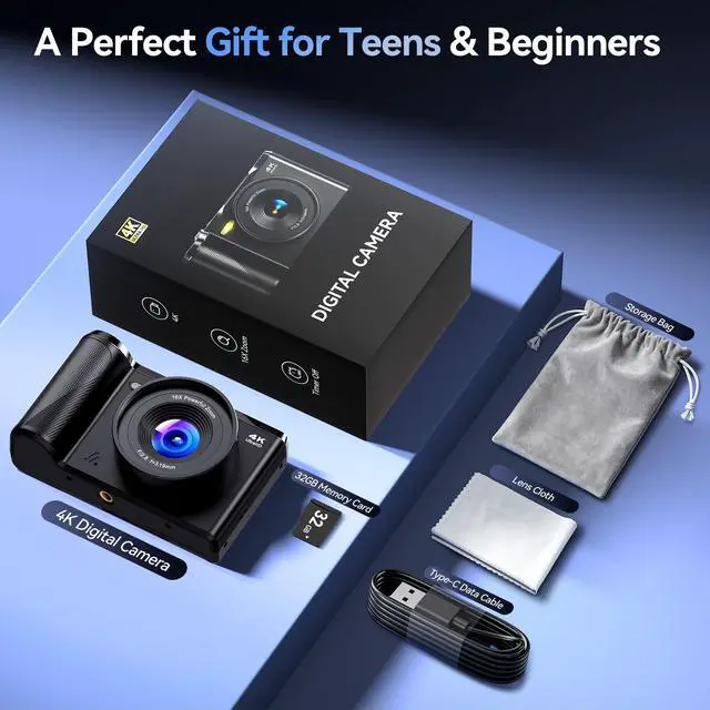 Alt view image 7 of 7 - Digital Camera 4K for Photography Vlogging: 56MP Cameras with Mode Dial for Video - 16X Zoom Photo Camera Gifts for Teens Ages 8-16 - 180°Flip Screen Compact Cámara - Point and Shoot Digital Cameras