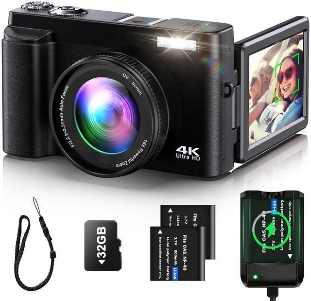 Main image of 4K Digital Camera for Photography Auto-Focus Vlogging Camera for YouTube Video with 3'' 180° Flip Screen 16X Anti-Shake 4K Camera Compact Cameras with SD Card, Flash, 2 Batteries