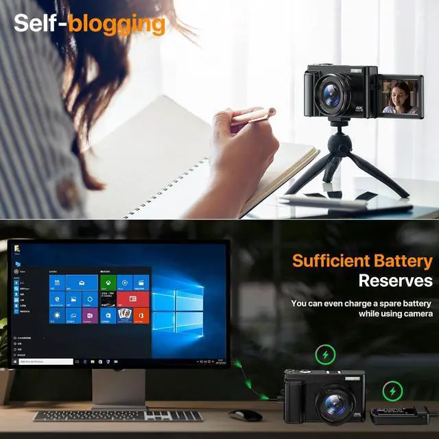 Alt view image 4 of 6 - 4K Digital Camera for Photography Auto-Focus Vlogging Camera for YouTube Video with 3'' 180° Flip Screen 16X Anti-Shake 4K Camera Compact Cameras with SD Card, Flash, 2 Batteries