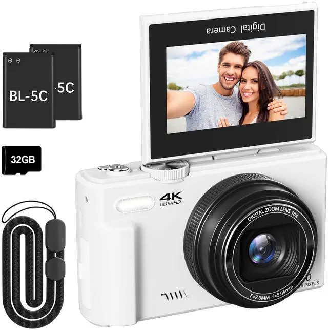 Main image of 4K Digital Camera for Photography, 64MP Vlogging Camera for YouTube with 3" 180° Flip Screen, 18X Digital Zoom Point and Shoot Camara with 32GB Micro SD Card for Beginner (White)