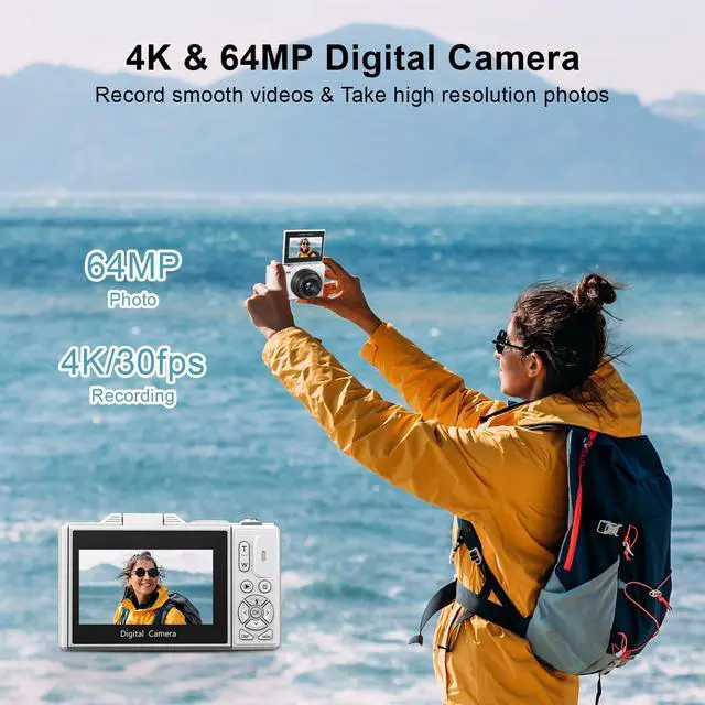 Alt view image 2 of 7 - 4K Digital Camera for Photography, 64MP Vlogging Camera for YouTube with 3" 180° Flip Screen, 18X Digital Zoom Point and Shoot Camara with 32GB Micro SD Card for Beginner (White)