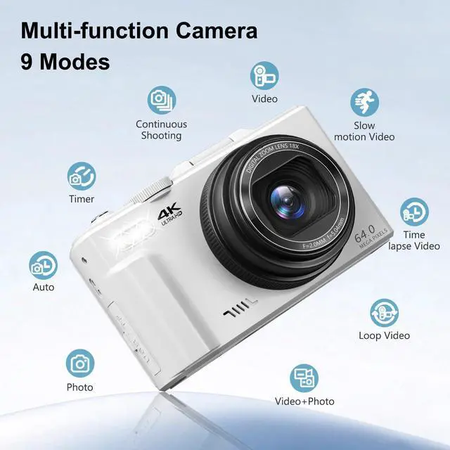 Alt view image 6 of 7 - 4K Digital Camera for Photography, 64MP Vlogging Camera for YouTube with 3" 180° Flip Screen, 18X Digital Zoom Point and Shoot Camara with 32GB Micro SD Card for Beginner (White)