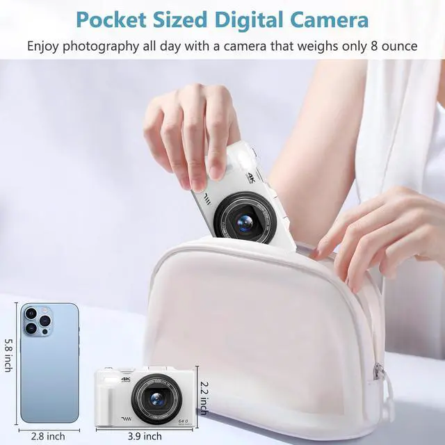 Alt view image 7 of 7 - 4K Digital Camera for Photography, 64MP Vlogging Camera for YouTube with 3" 180° Flip Screen, 18X Digital Zoom Point and Shoot Camara with 32GB Micro SD Card for Beginner (White)
