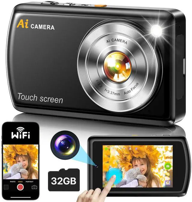 Main image of Digital Camera, Cameras for Photography with WiFi, Vlogging Camera for Kids with Dual Lens 3.6" IPS Touch Screen, Creative Doodle AI Camera Recognizes Everything, with 32 GB Card for Teens, Kids