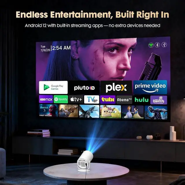 Alt view image 2 of 7 - Mini Projector with Android 12 [Built-in App & Electric Focus] 1080P Support, Portable Movie Projector with WiFi and Bluetooth, 180° Rotatable, Compatible with Smartphone HDMI USB