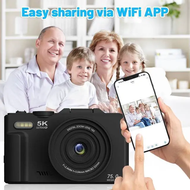 Alt view image 5 of 7 - 5k Digital Camera,75mp Cameras for Photography with 18x Optical Zoom & Autofocus,3" 180° Flip Screen,WiFi Vlogging Camera for YouTube Video,Photography Cameras for Beginners,With32GB Card & Flas