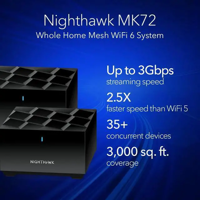 Alt view image 2 of 5 - Nighthawk Advanced Whole Home Mesh Dual Band WiFi 6 System (MK72) AX3000 Router with 1 Satellite Extender, Coverage up to 3,000 sq. ft. and 35+ Devices - Free Expert Help