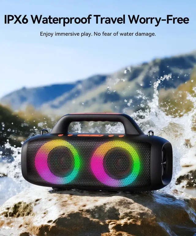 Alt view image 5 of 7 - Roar 1 Portable Bluetooth Speaker,60W Powerful Sound with Deep Bass,IPX6 Waterproof,24H Playtime,Bluetooth 5.4,RGB Party Lights,Wireless Stereo Pairing,Travel Outdoor for Camping and Beach