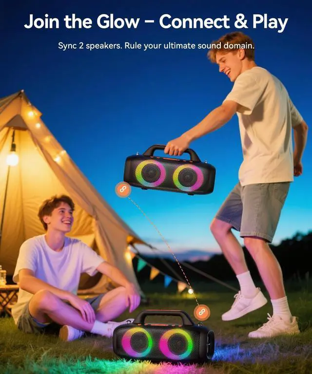 Alt view image 7 of 7 - Roar 1 Portable Bluetooth Speaker,60W Powerful Sound with Deep Bass,IPX6 Waterproof,24H Playtime,Bluetooth 5.4,RGB Party Lights,Wireless Stereo Pairing,Travel Outdoor for Camping and Beach