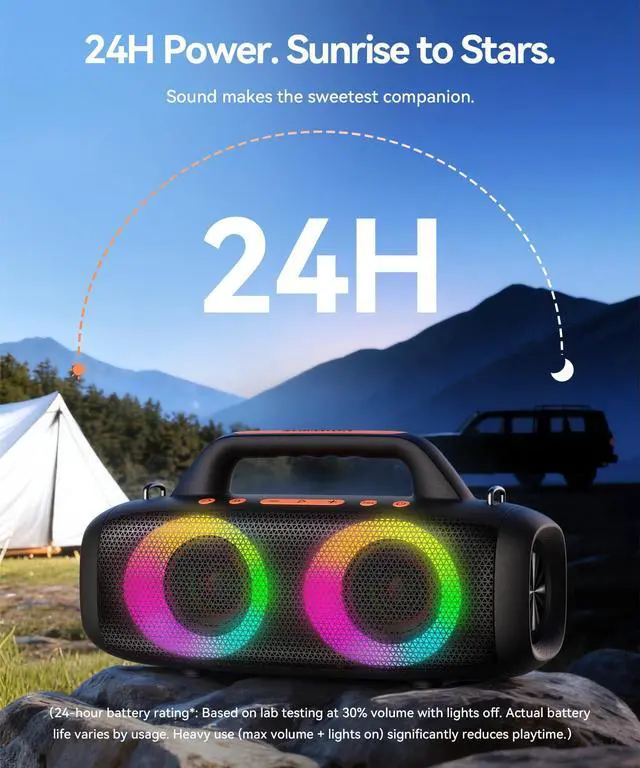 Alt view image 6 of 7 - Roar 1 Portable Bluetooth Speaker,60W Powerful Sound with Deep Bass,IPX6 Waterproof,24H Playtime,Bluetooth 5.4,RGB Party Lights,Wireless Stereo Pairing,Travel Outdoor for Camping and Beach