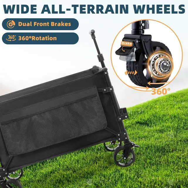 Alt view image 2 of 5 - Collapsible Wagon Carts Foldable 150L & 360LBS Portable Folding Wagons with All-Terrain Wheels & Brakes Heavy Duty Outdoor Utility Cart for Grocery Camping Shopping Sports Garden, Black