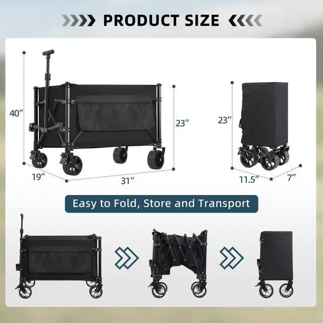 Alt view image 4 of 5 - Collapsible Wagon Carts Foldable 150L & 360LBS Portable Folding Wagons with All-Terrain Wheels & Brakes Heavy Duty Outdoor Utility Cart for Grocery Camping Shopping Sports Garden, Black