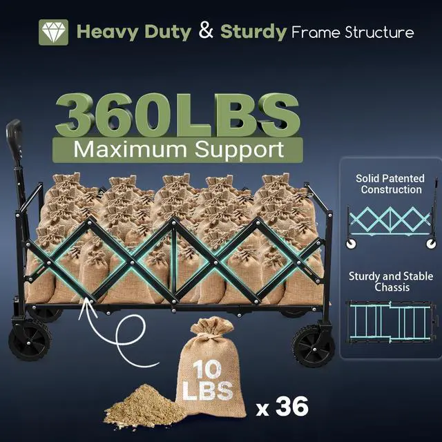 Alt view image 4 of 7 - 34'' Extra Long Collapsible Wagons Carts Foldable, 360LBS Heavy Duty Folding Beach Wagon Cart with Wheels, Portable Utility Outdoor Wagon for Grocery, Shopping, Garden, Sports, Camping, Black