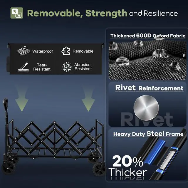 Alt view image 5 of 7 - 34'' Extra Long Collapsible Wagons Carts Foldable, 360LBS Heavy Duty Folding Beach Wagon Cart with Wheels, Portable Utility Outdoor Wagon for Grocery, Shopping, Garden, Sports, Camping, Black